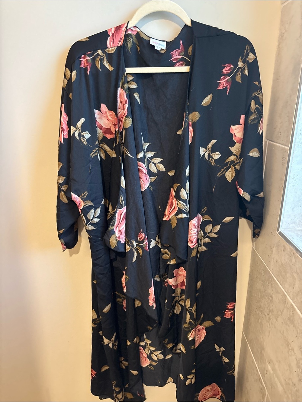 Black Floral Kimono Cardigan with Pink Roses